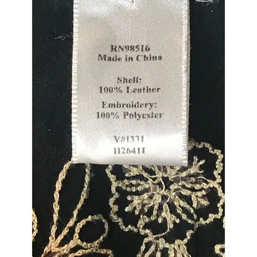 Coldwater Creek Leather Vest Womens L Black Floral Embroidered Zip Boho Western
